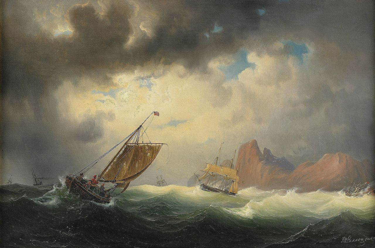 Ship in stormy sea, vintage artwork by Marcus Larson, 12x8" (A4) Poster