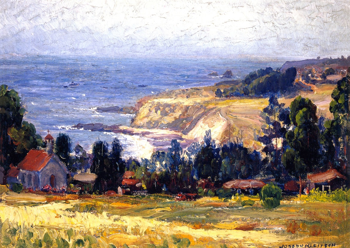 Laguna Coastline and Saint Joseph's church, vintage artwork by Joseph Kleitsch, 12x8" (A4) Poster