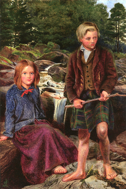 Two Highland Children by  a Scottish Stream, vintage artwork by Michael Frederick Halliday, A3 (16x12") Poster Print