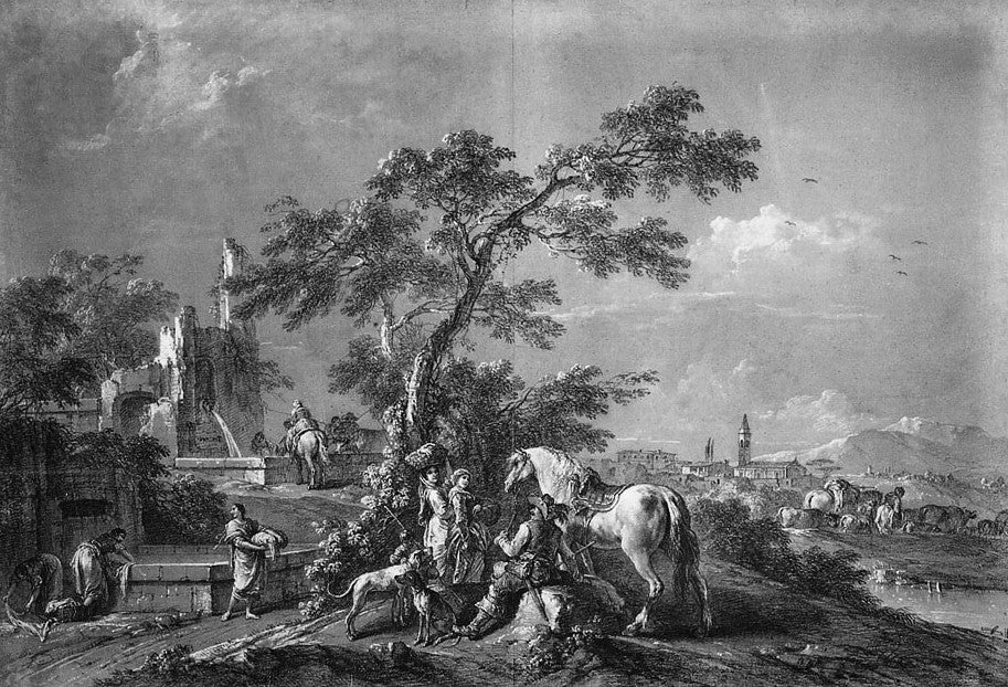 Scene by  a Well, vintage artwork by Francesco Zuccarelli, 12x8" (A4) Poster