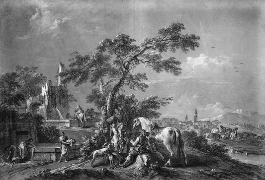 Scene by  a Well, vintage artwork by Francesco Zuccarelli, 12x8" (A4) Poster