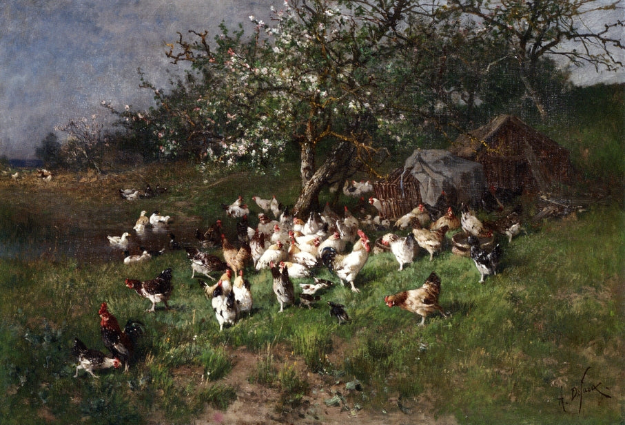 Spring, Chickens under Flowering Apple Trees, vintage artwork by Alexandre Defaux, 12x8" (A4) Poster