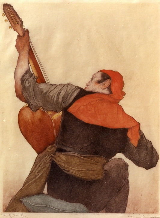 Le Guitariste, vintage artwork by Maurice Langaskens, 12x8" (A4) Poster