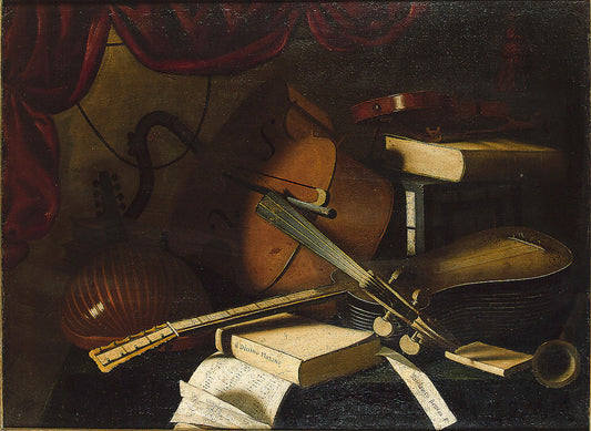 A lute, cello, violin, guitar, musical manuscript and books on a draped table, vintage artwork by Bartolomeo Bettera, 12x8" (A4) Poster