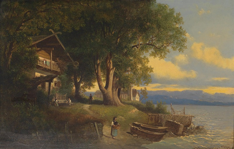 Farmhouse on the Lakeshore, vintage artwork by Josef Thoma, 12x8" (A4) Poster
