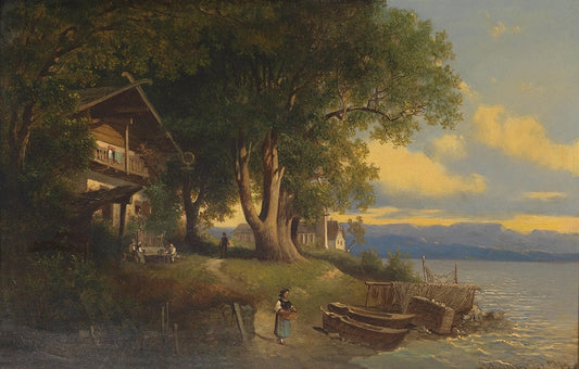 Farmhouse on the Lakeshore, vintage artwork by Josef Thoma, 12x8" (A4) Poster