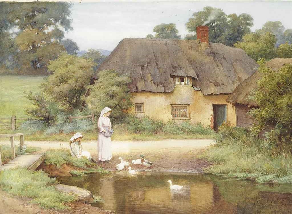 Feeding the Ducks, vintage artwork by Charles Edward Wilson, 12x8" (A4) Poster