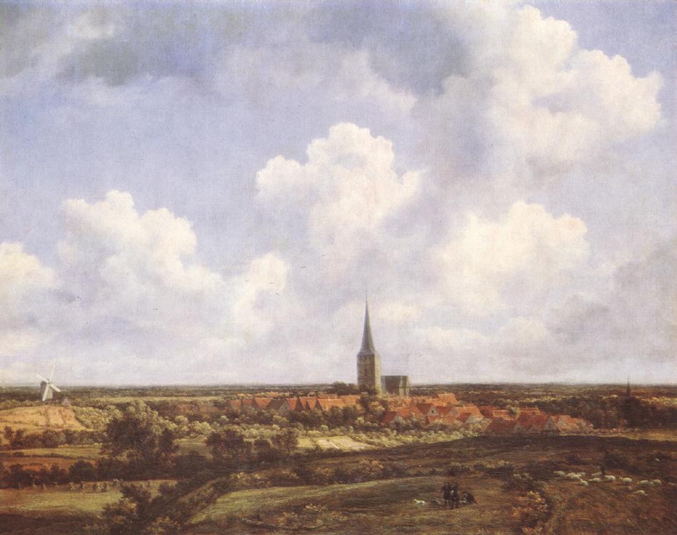Landscape with Church and Village, vintage artwork by Jacob van Ruisdael, 12x8" (A4) Poster