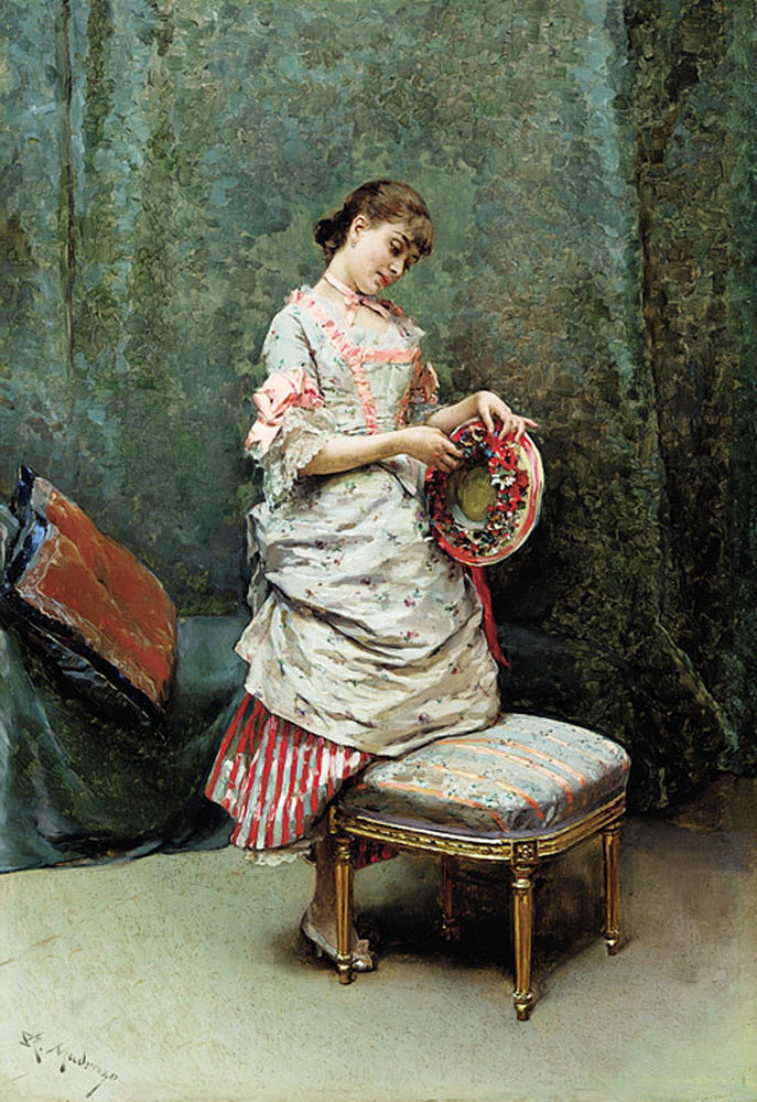 Aline holding a hat, vintage artwork by Raimundo de Madrazo y Garreta, 12x8" (A4) Poster