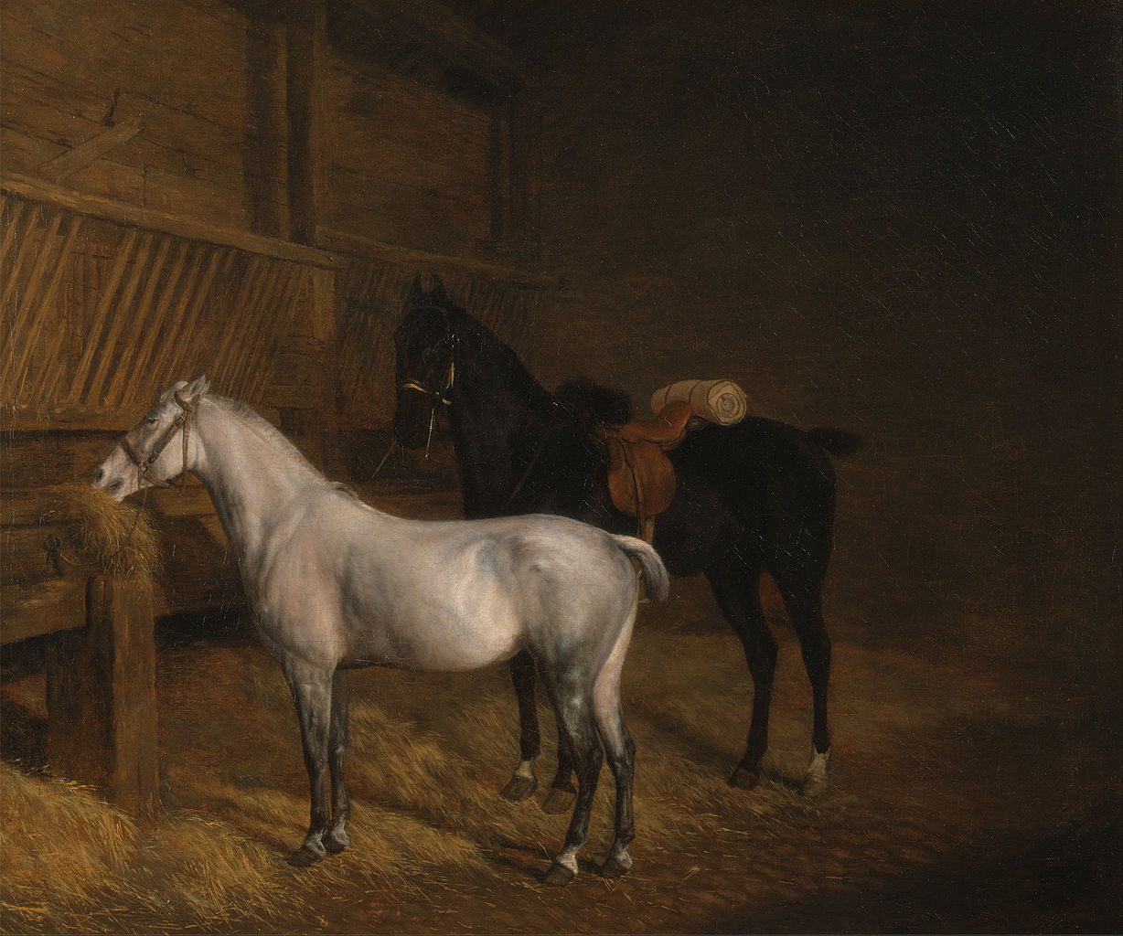 A Grey Pony and a Black Charger in a Stable, vintage artwork by Jacques-Laurent Agasse, 12x8" (A4) Poster