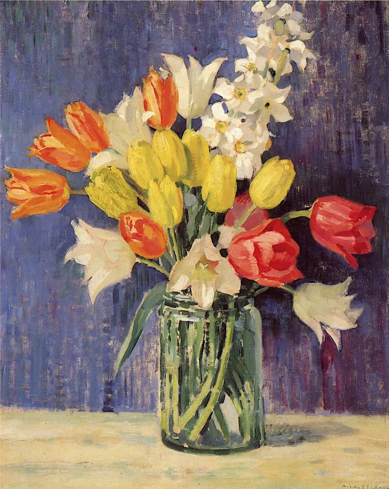 Tulips and Narcissi in a Vase, vintage artwork by Pierre Adolphe Valette, 12x8" (A4) Poster