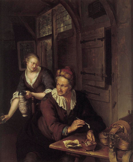 Interior with a Man and a Woman, vintage artwork by Willem van Mieris, 12x8" (A4) Poster