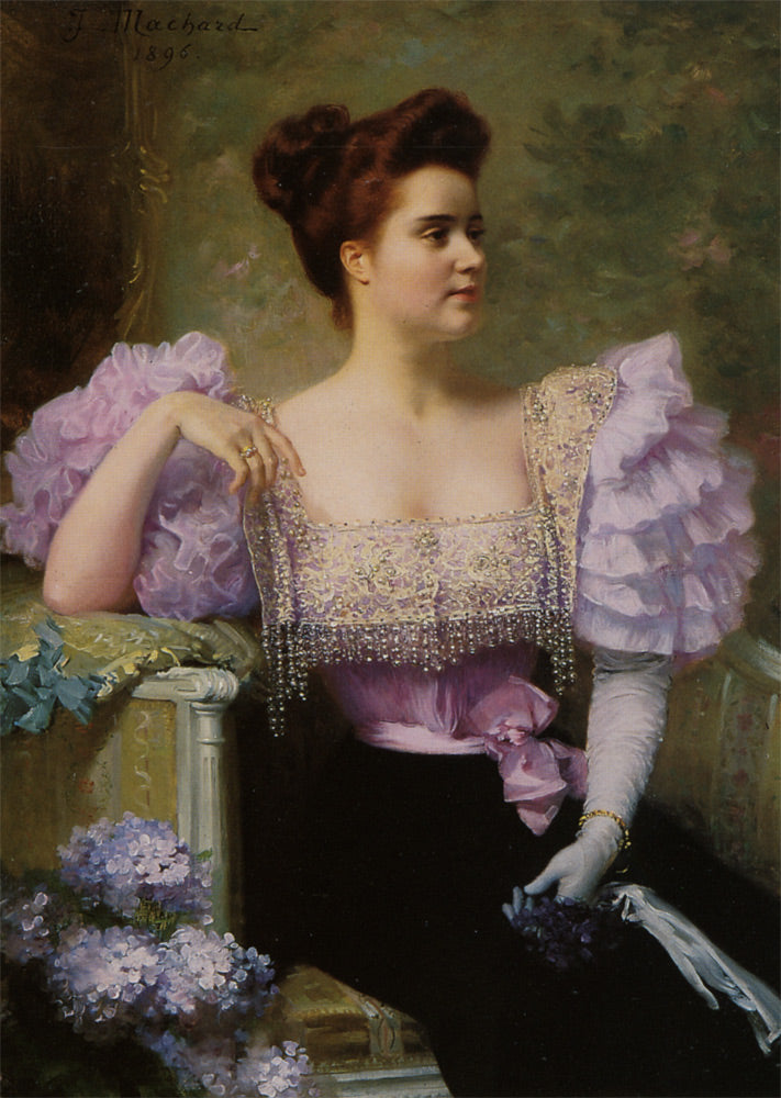Jeune femme en tenue de soiree assise pres dun bouquet d'hortensias, vintage artwork by Jules Louis Machard, 12x8" (A4) Poster