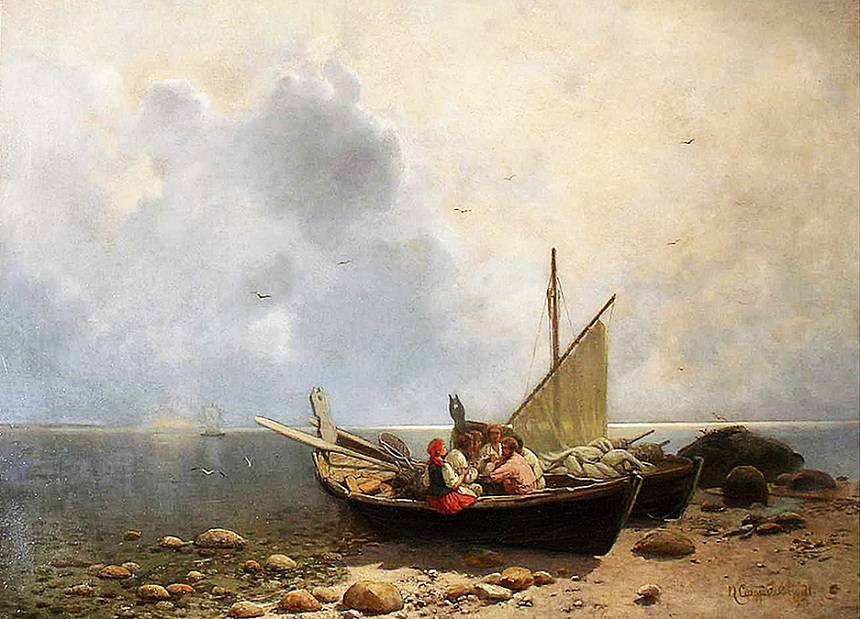 Meal fishermen, vintage artwork by Petr Sukhodolsky, 12x8" (A4) Poster