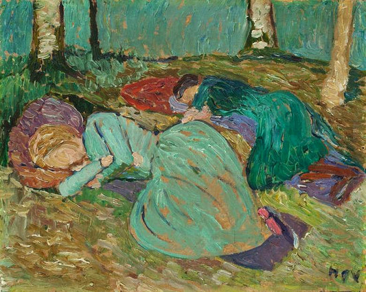 Martha Vogeler and Paula Modersohn-Becker Asleep in the Garden, vintage artwork by Johann Heinrich Vogeler, 12x8" (A4) Poster
