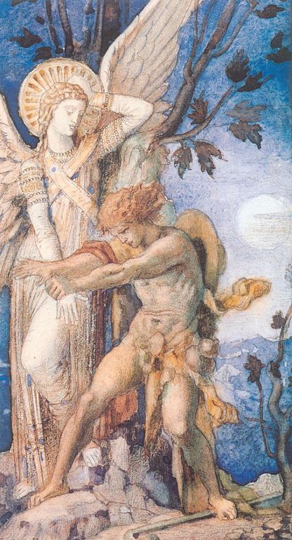 Jacob and Angel, vintage artwork by Gustave Moreau, 12x8" (A4) Poster