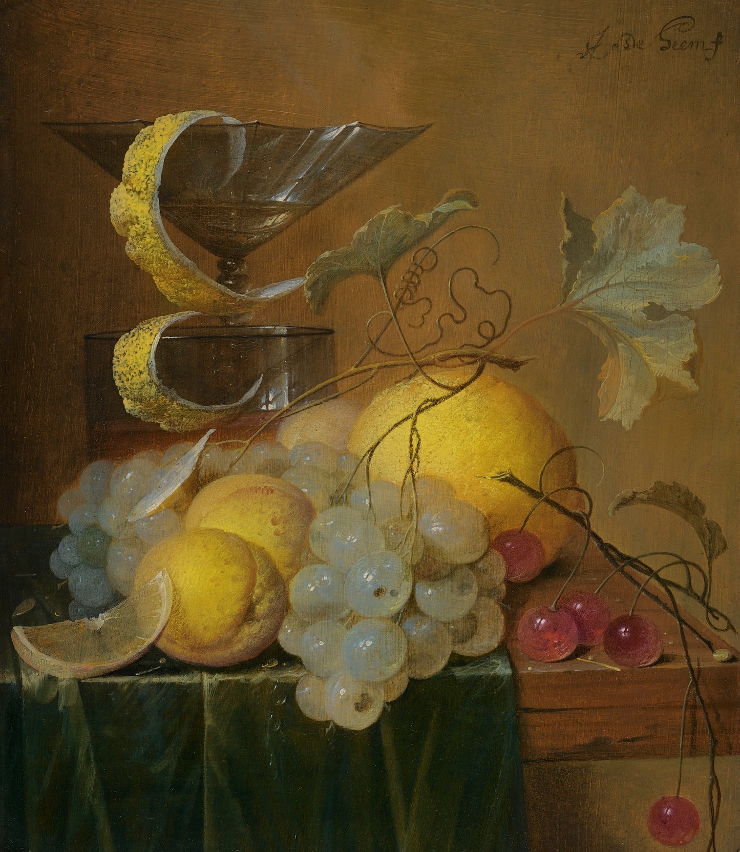 Still Life with a Wine Glass, Lemon Peel, Peaches, Grapes and Cherries, vintage artwork by Jan Davidsz. de Heem, 12x8" (A4) Poster