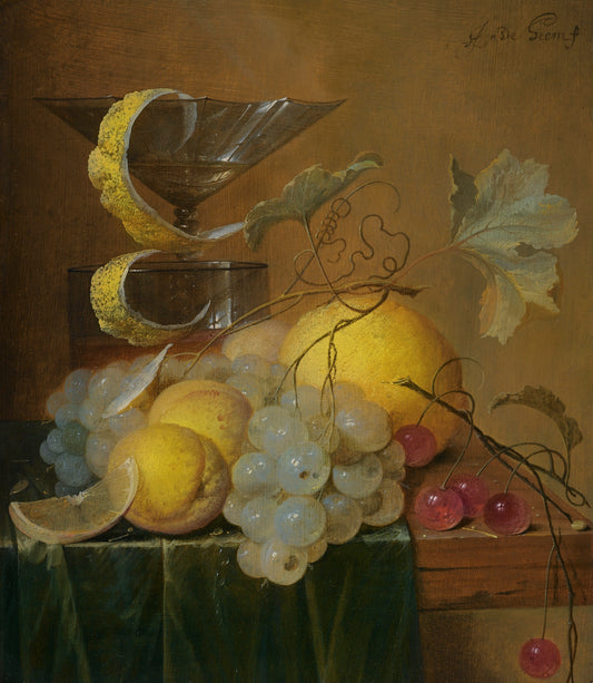 Still Life with a Wine Glass, Lemon Peel, Peaches, Grapes and Cherries, vintage artwork by Jan Davidsz. de Heem, 12x8" (A4) Poster