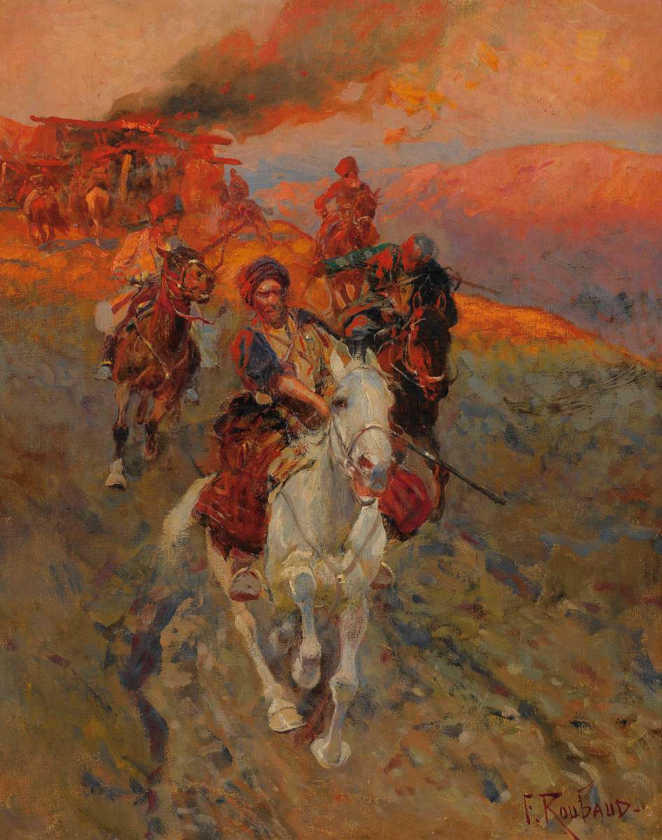 Caucasian Horsemen, vintage artwork by Franc Alekseevich Rubo, 12x8" (A4) Poster