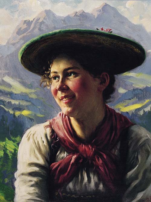 Girl in the Tyrolean Mountains, vintage artwork by Emil Rau, 12x8" (A4) Poster