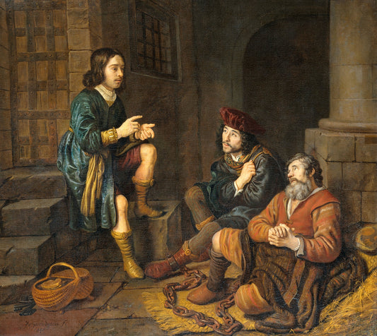 Joseph Interprets the Dreams of the Baker and the Butler, vintage artwork by Jan Victors, 12x8" (A4) Poster