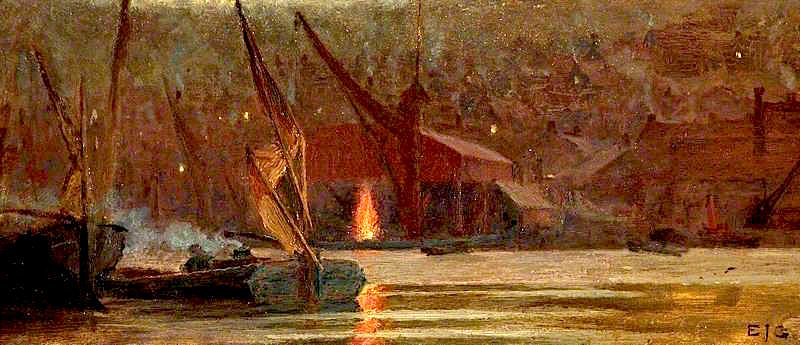 Night Scene on the Medway, vintage artwork by Edward John Gregory, 12x8" (A4) Poster