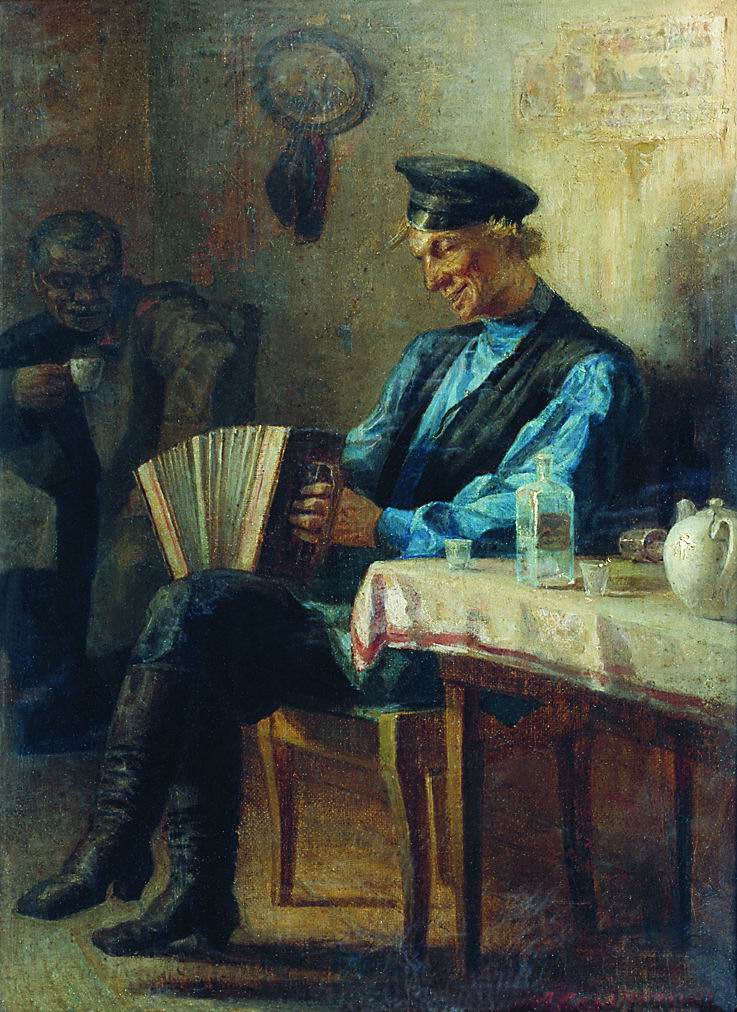 In the Tavern, vintage artwork by Leonid Solomatkin, 12x8" (A4) Poster