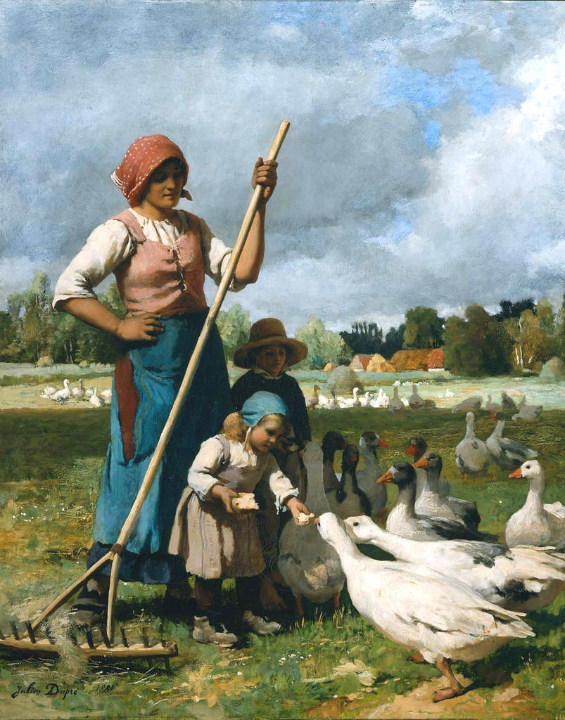 Children Feeding Geese, vintage artwork by Julien Dupre, 12x8" (A4) Poster