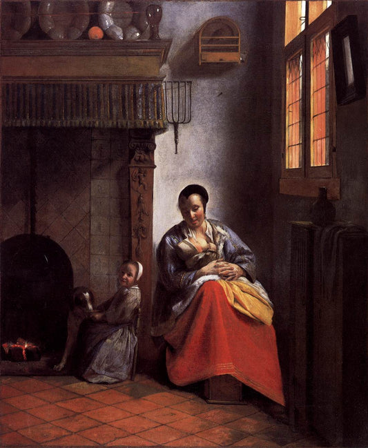A Woman Nursing an Infant with a Child and a Dog, vintage artwork by Pieter de Hooch, 12x8" (A4) Poster