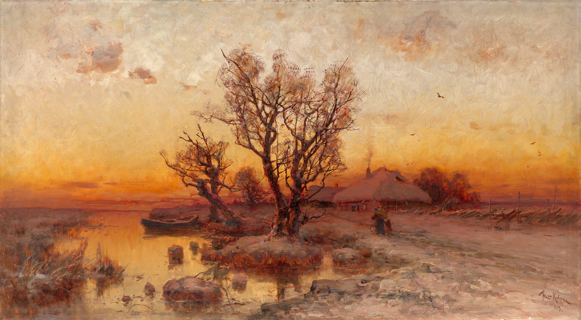 Sunset over a Ukrainian Hamlet, vintage artwork by Julius Klever, 12x8" (A4) Poster