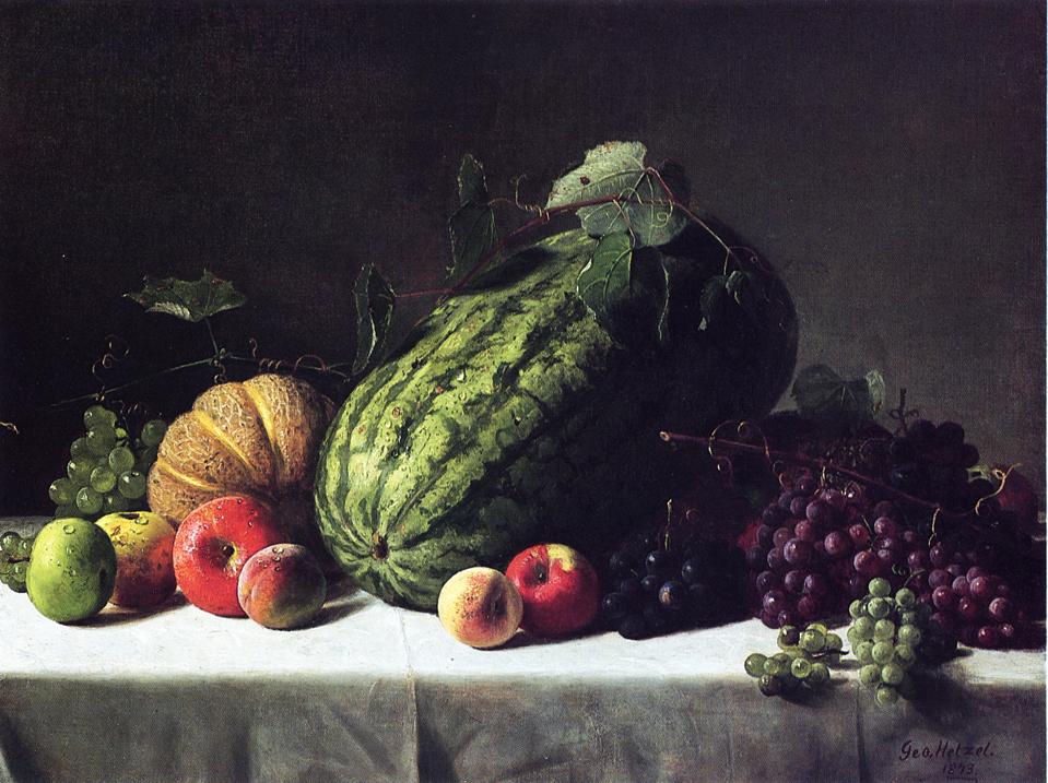 Still Life with Watermelon, Cantaloupe and Grapes, vintage artwork by George Hetzel, 12x8" (A4) Poster