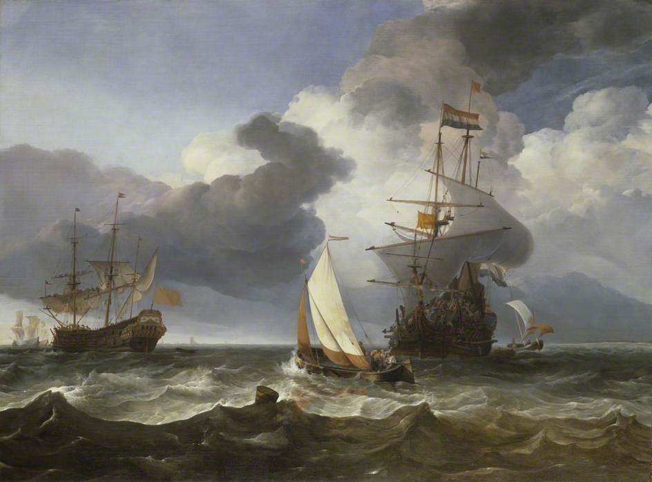 A Smalschip with Two Dutch Indiamen coming to Anchor, vintage artwork by Hendrick Jacobsz. Dubbels, 12x8" (A4) Poster