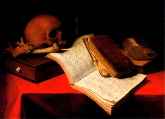 Vanitas with Music Sheets, an Hourglass and a Skull, vintage artwork by Attributed to Madeleine Boullogne, 12x8" (A4) Poster