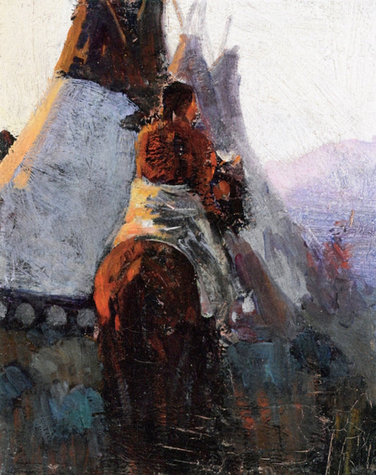 Mounted Indian, vintage artwork by Frank Tenney Johnson, 12x8" (A4) Poster