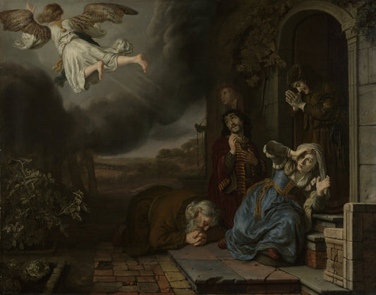 The Angel Taking Leave of Tobit and His Family, vintage artwork by Jan Victors, 12x8" (A4) Poster