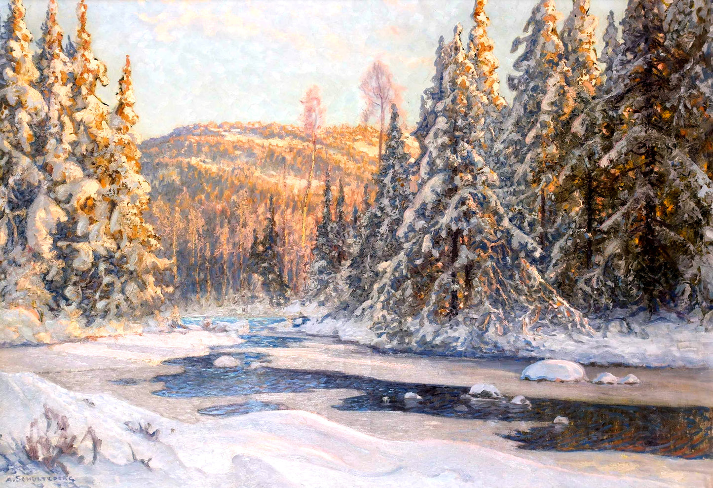 Winter Evening in Dalarna by Anshelm Schultzberg,A3(16x12")Poster