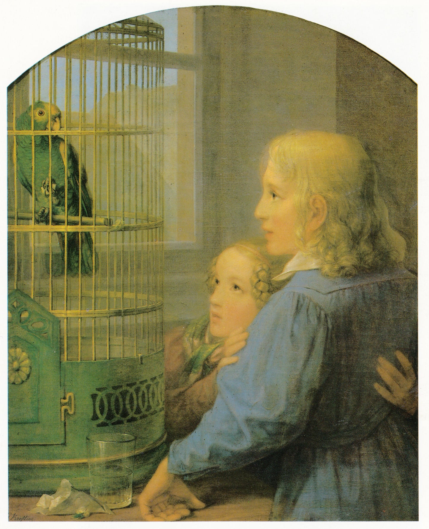 Two Children with Parrot, vintage artwork by Georg Friedrich Kersting, 12x8" (A4) Poster