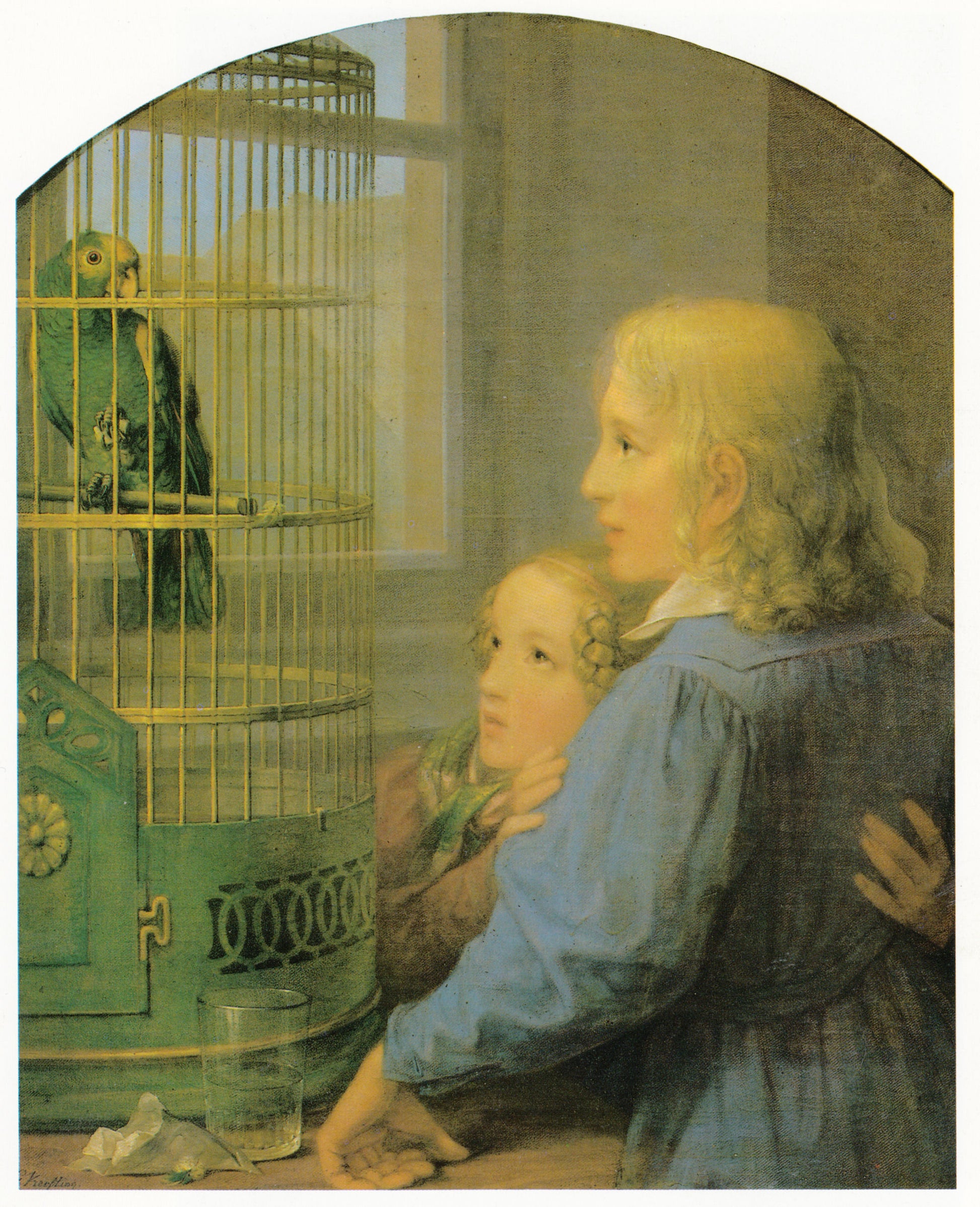 Two Children with Parrot, vintage artwork by Georg Friedrich Kersting, 12x8" (A4) Poster