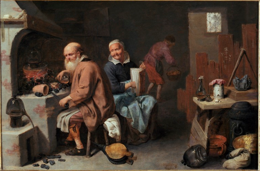 The Alchemist and His Wife in the Workshop, vintage artwork by David Ryckaert III, 12x8" (A4) Poster