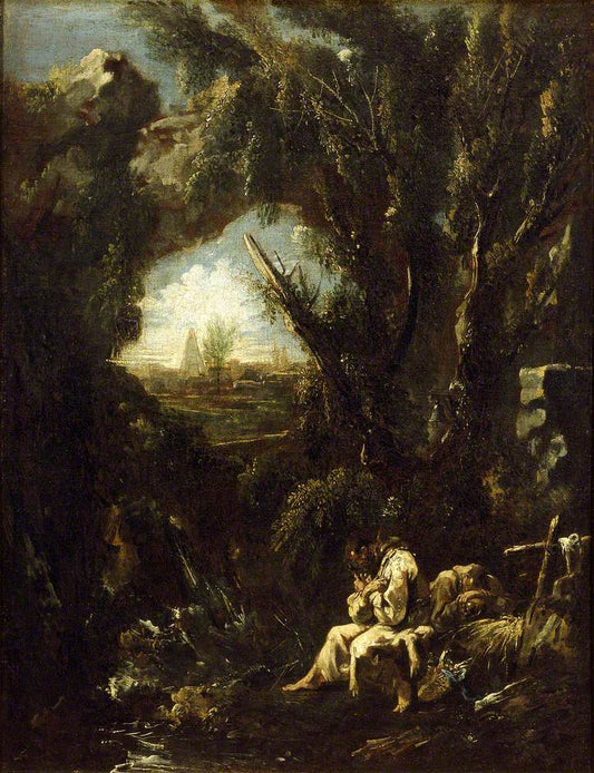 Landscape with Two Hermits in Meditation, vintage artwork by Alessandro Magnasco, 12x8" (A4) Poster