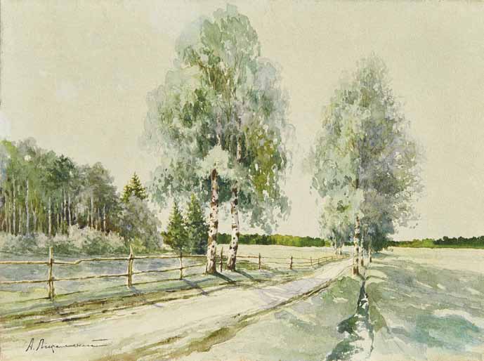 Birch Trees by the Road by Alexei Pisemsky,A3(16x12