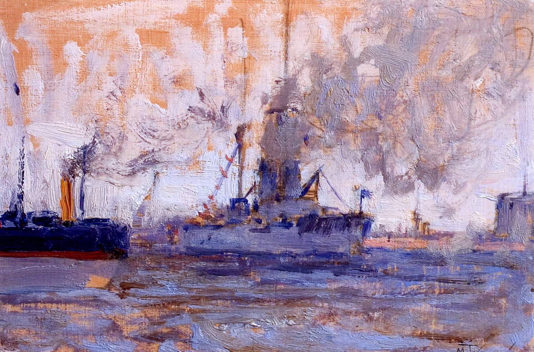 Ships in Kronstadt, vintage artwork by Mikhail Tkachenko, 12x8" (A4) Poster