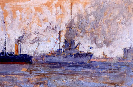 Ships in Kronstadt, vintage artwork by Mikhail Tkachenko, 12x8" (A4) Poster