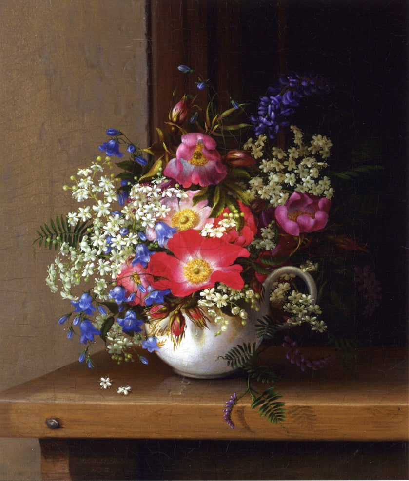 Still Life with Dog Roses, Larkspur and Bell Flowers in a White Cup, vintage artwork by Adelheid Dietrich, 12x8" (A4) Poster