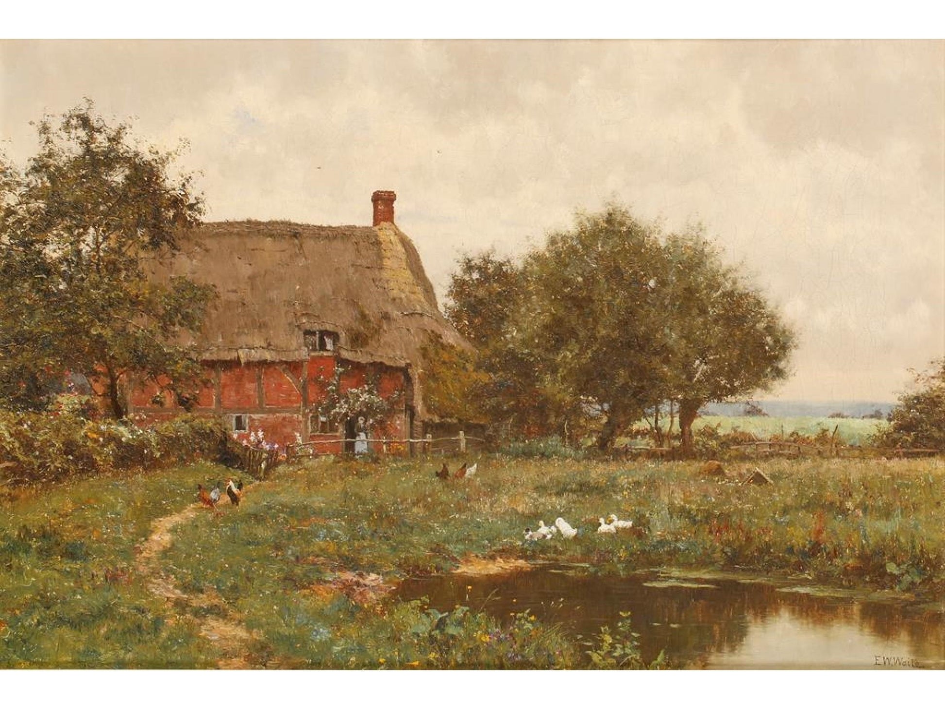 A cottage beside a pond with chickens and ducks in a landscape, vintage artwork by Edward Wilkins Waite, 12x8" (A4) Poster