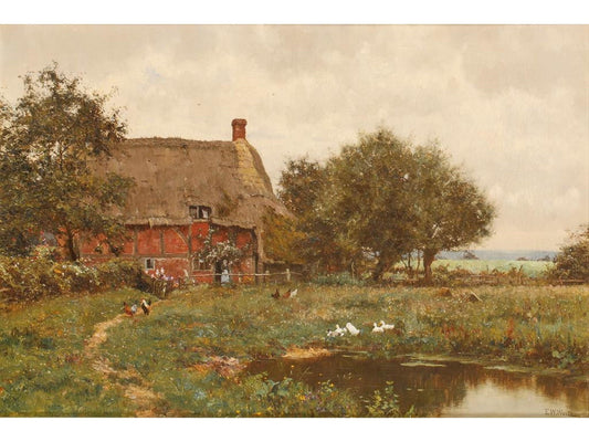 A cottage beside a pond with chickens and ducks in a landscape, vintage artwork by Edward Wilkins Waite, 12x8" (A4) Poster