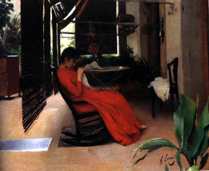 Mujer cosiendo, vintage artwork by Ramon Casas y Carbó, 12x8" (A4) Poster