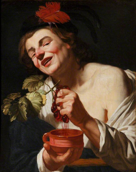 A Bacchic Young Man Squeezing Grapes into a Cup, vintage artwork by Gerard van Honthorst, 12x8" (A4) Poster