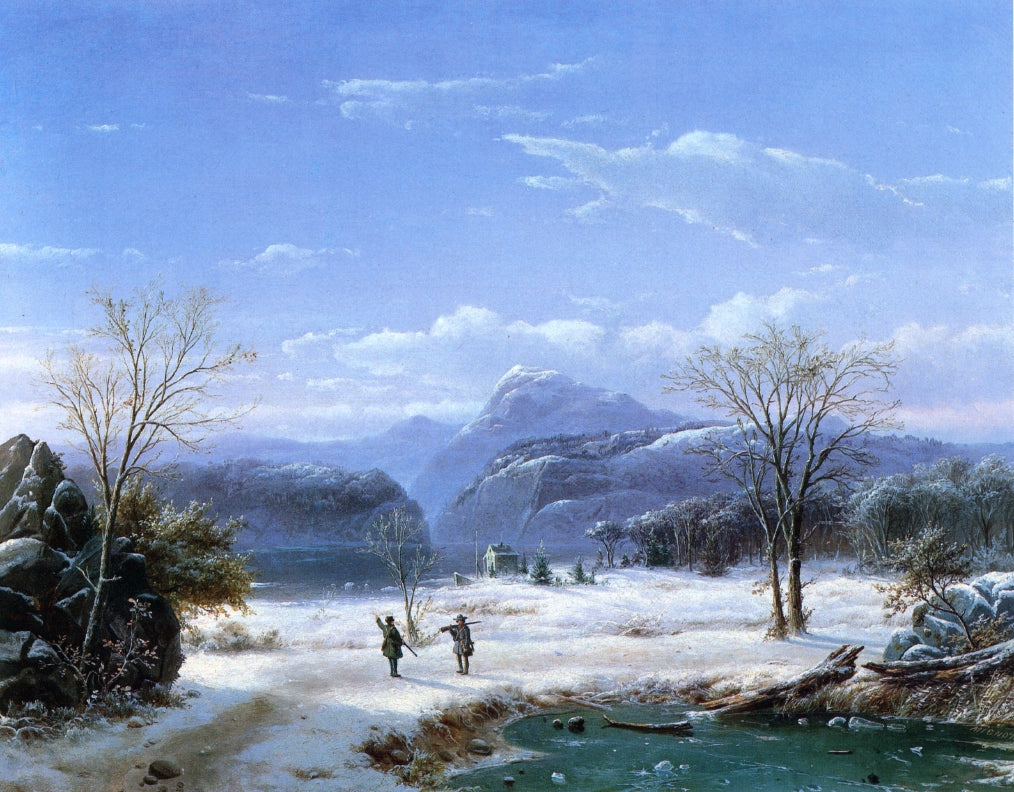 Hunters in a Winter Landscape, vintage artwork by Louis Remy Mignot, 12x8" (A4) Poster