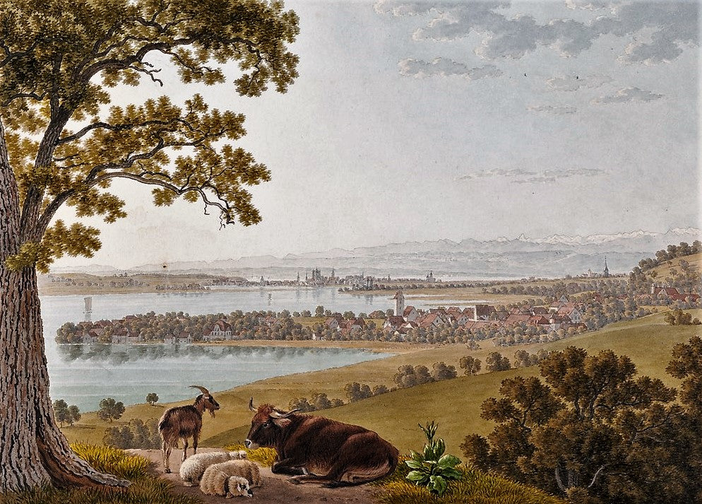 View to the East at Arenenberg, vintage artwork by Johannes Jakob Biedermann, 12x8" (A4) Poster